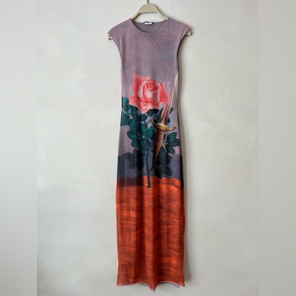 Zara S René Magritte Rose Print Mesh Sheath Maxi Dress like new